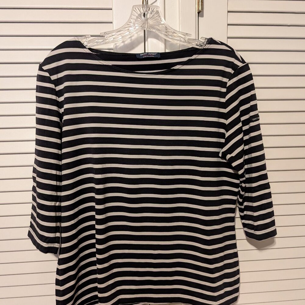 Saint James 3/4 sleeve striped top France US 10 black ivory boat neck nautical